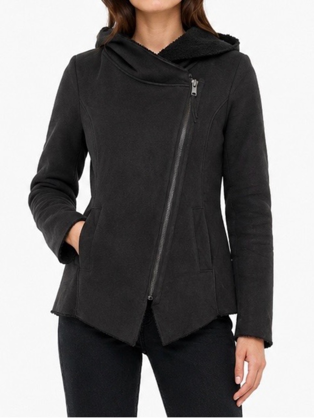 H&M Black Asymmetric Zip Hooded Jacket